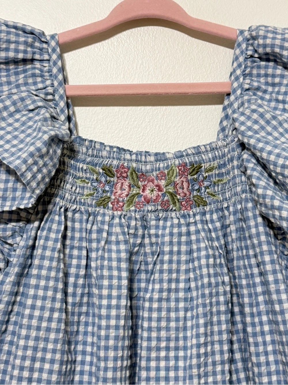 Janie and Jack Girl’s Dress Gingham Smocked Floral Embroidered Size 6 Ruffle